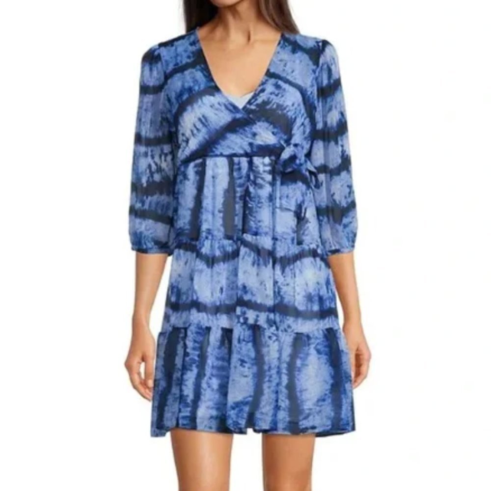 Calvin Klein Tie Dye Blue Iceberg Blue Tiered Dress With 3/4 Sleeve NEW 14